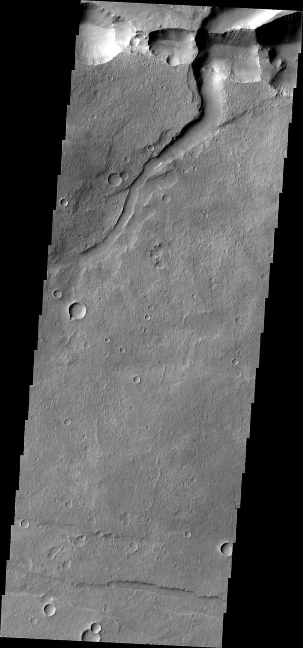 The interconnected collapse pits at the top of this image, taken by NASA 2001 Mars Odyssey spacecraft, are part of Coprates Catena. Notice the dunes in the bottom of each pit.