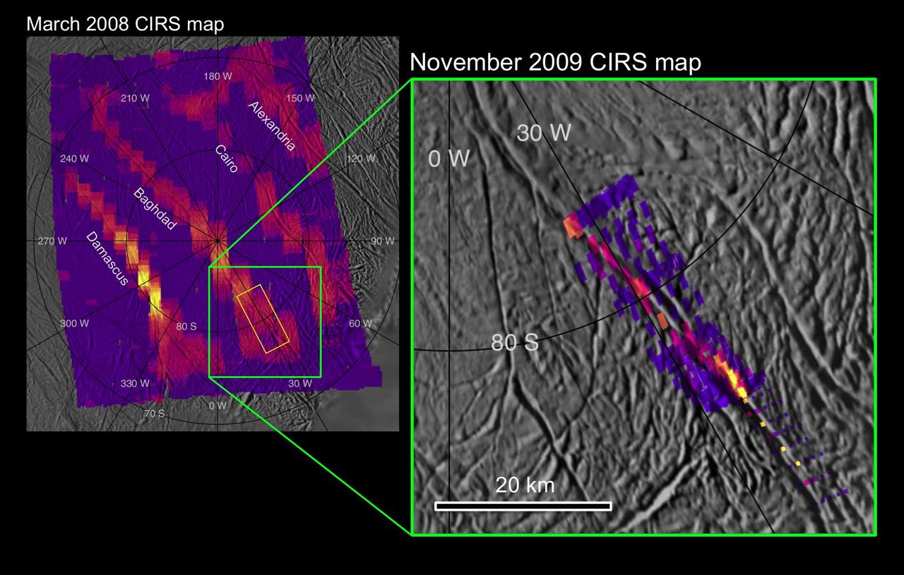 This map shows a dramatically improved view of heat radiation from a warm fissure near the south pole of Saturn icy moon Enceladus. It was obtained by NASA Cassini spacecraft during its Nov. 21, 2009, flyby of that moon.