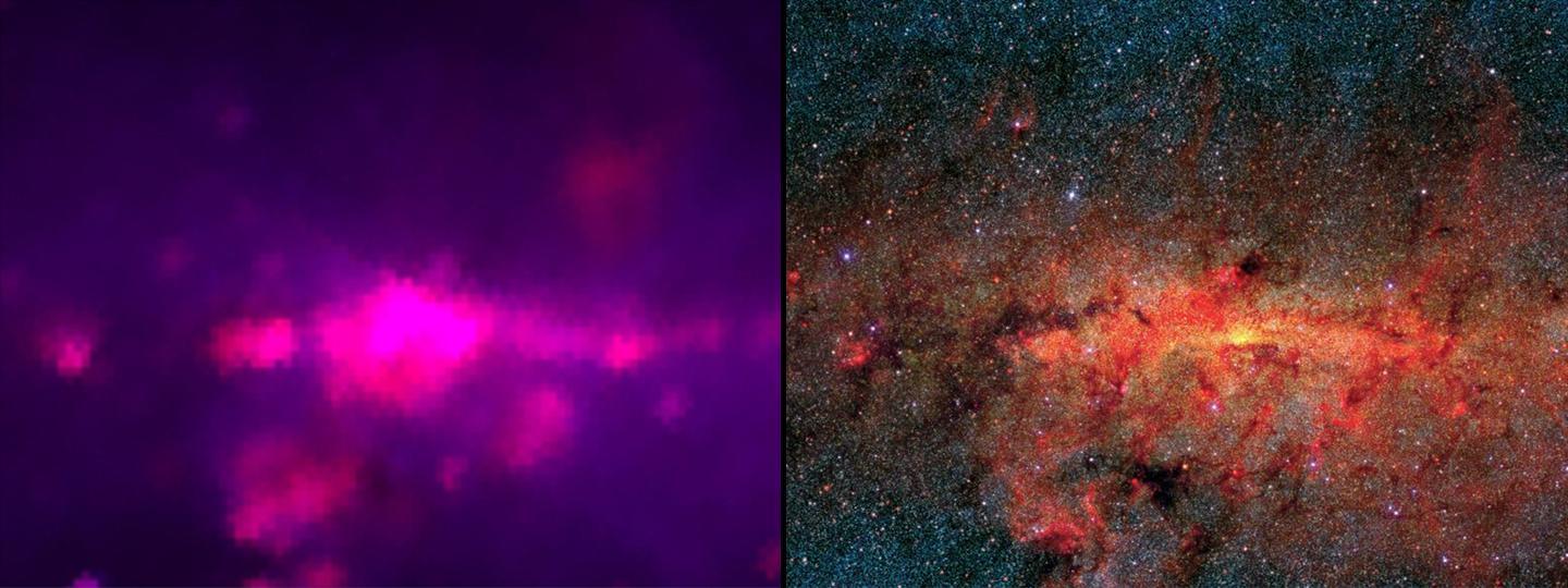 The image on the left shows an infrared view of the center of our Milky Way galaxy as seen by the 1983 Infrared Astronomical Satellite, which surveyed the whole sky with only 62 pixels. The image on the right shows an infrared view similar to what NASA