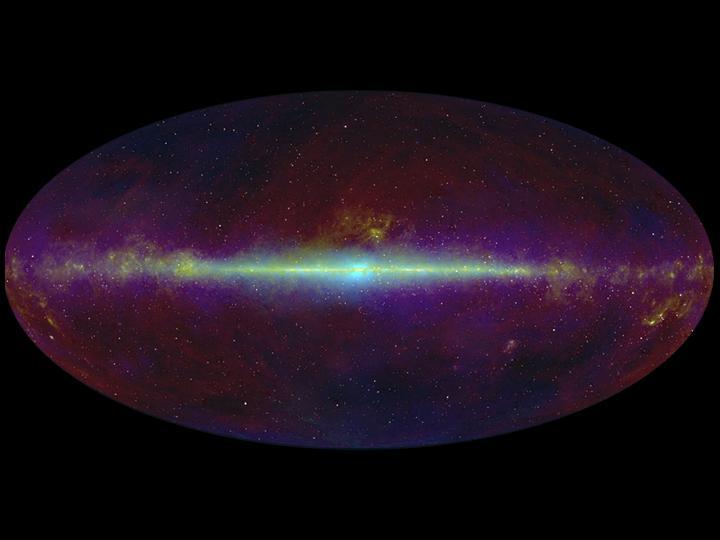 This infrared view of the whole sky highlights the flat plane of our Milky Way galaxy line across middle of image. NASA WISE, will take a similar infrared census of the whole sky, only with much improved resolution and sensitivity.