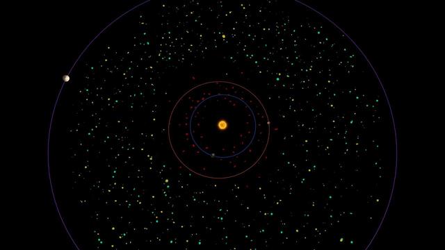 This diagram shows a bird eye view of our asteroid belt, which lies between the orbits of Mars red and Jupiter purple.