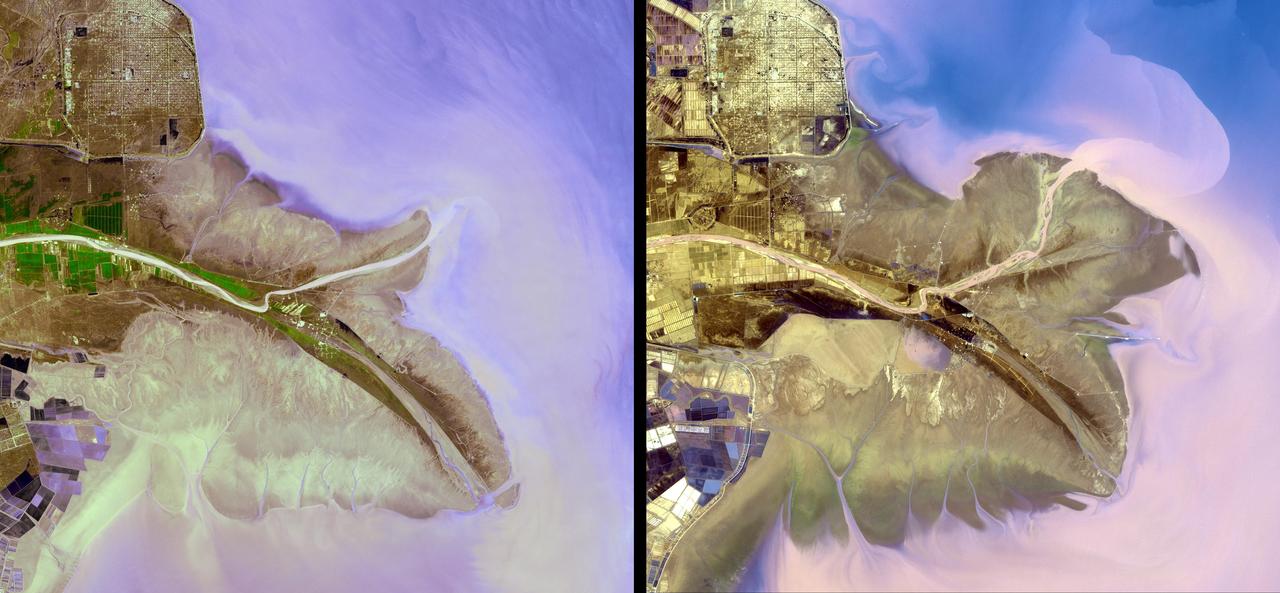 The Yellow River is the second-longest river in China, and the sixth longest in the world and makes many dramatic shifts over time. This image was taken with the ASTER instrument aboard NASA Terra spacecraft in 2009.