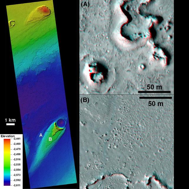 This combination of images, taken by NASA Mars Reconnaissance Orbiter, helped researchers analyze the youngest flood lava on Mars, which is in Athabasca Valles, in the Elysium Planitia region of equatorial Mars.