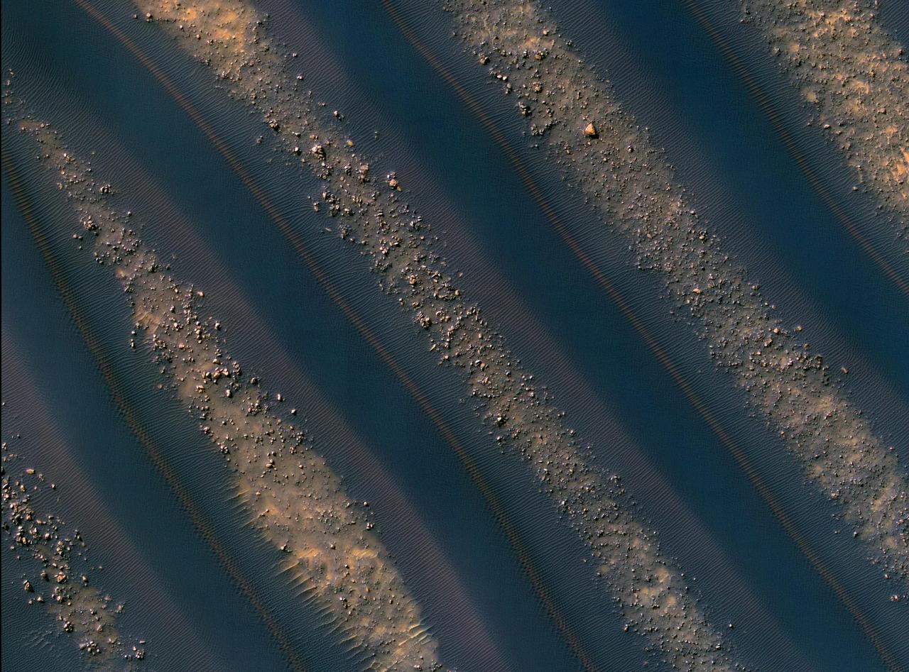 Dunes of sand-sized materials have been trapped on the floors of many Martian craters, as seen in this view captured by NASA Mars Reconnaissance Orbiter. This is one example, from a crater in Noachis Terra, west of the giant Hellas impact basin.