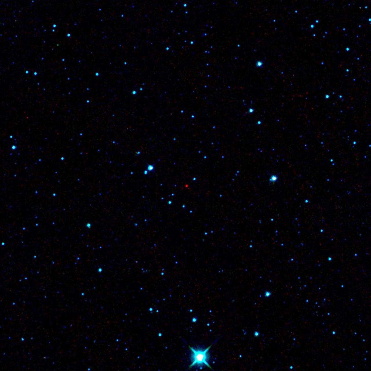 The red dot at the center of this image is the first near-Earth asteroid discovered by NASA Wide-Field Infrared Survey Explorer, or WISE -- an all-sky mapping infrared mission designed to see all sorts of cosmic objects.