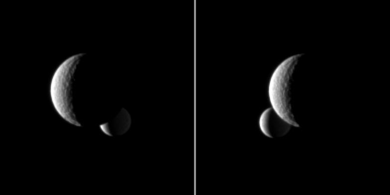 The moon Enceladus passes behind the larger moon Tethys, as seen in this pair of images taken by NASA Cassini spacecraft. The image on the left was taken a little more than a minute before the image on the right.