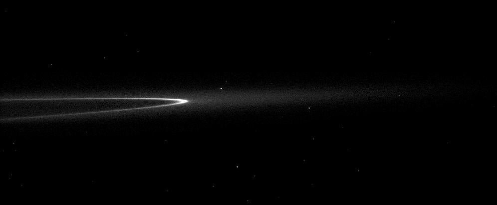 In this image taken by NASA Cassini spacecraft, the bright arc in Saturn faint G ring contains a little something special. Although it cant be seen here, the tiny moonlet Aegaeon orbits within the bright arc.