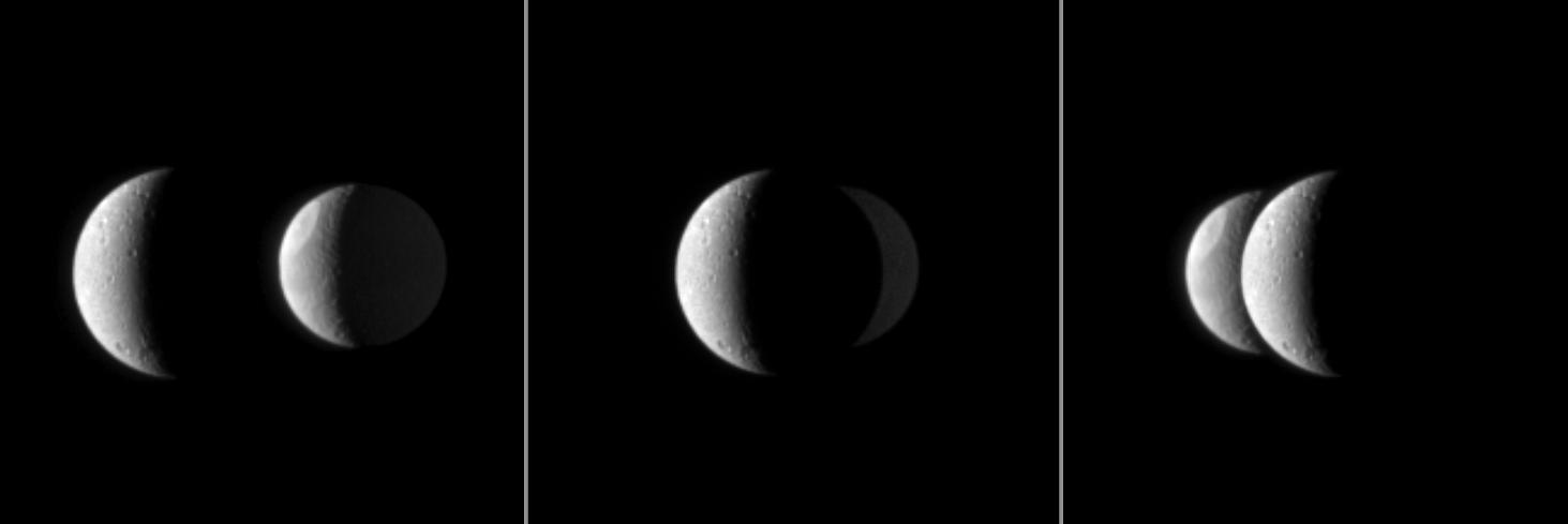 From NASA Cassini spacecraft perspective, Saturn moon Dione passes in front of the moon Tethys in this mutual event.