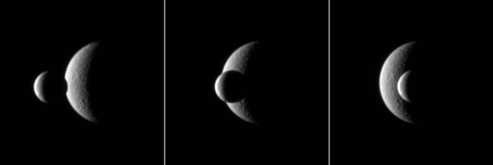 Two of Saturn icy moons pass each other in a mutual event recorded by NASA Cassini spacecraft. The smaller moon Enceladus passes in front of the larger moon Rhea.