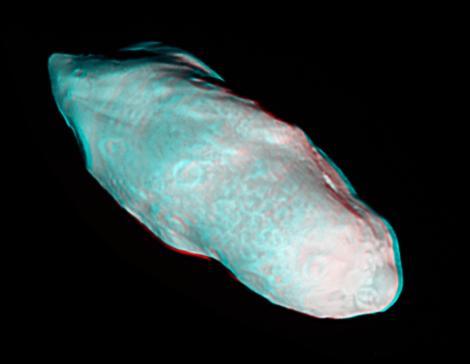 Saturn potato-shaped moon Prometheus is rendered in three dimensions in this close-up from NASA Cassini spacecraft. You will need 3-D glasses to view this image.