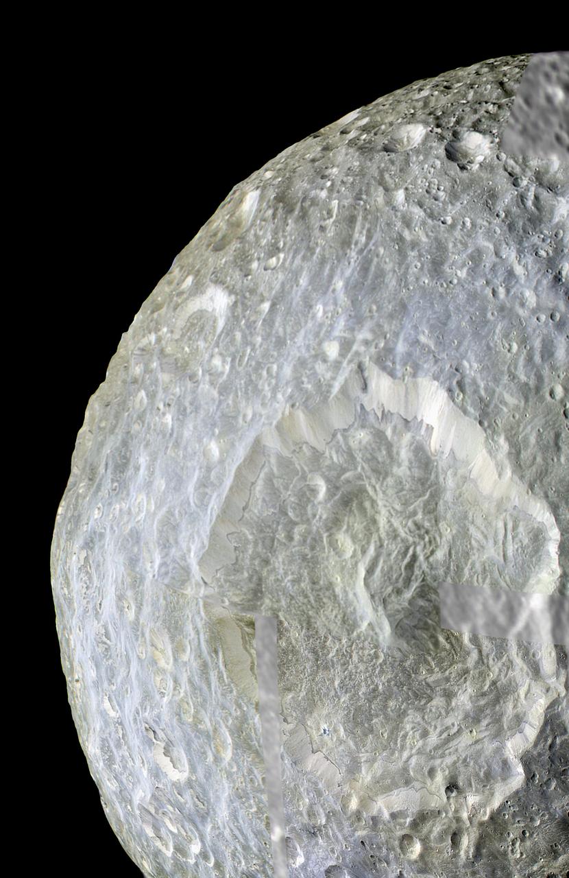 Subtle color differences on Saturn moon Mimas are apparent in this false-color view of Herschel Crater captured during NASA Cassini spacecraft on its closest-ever flyby of that moon.