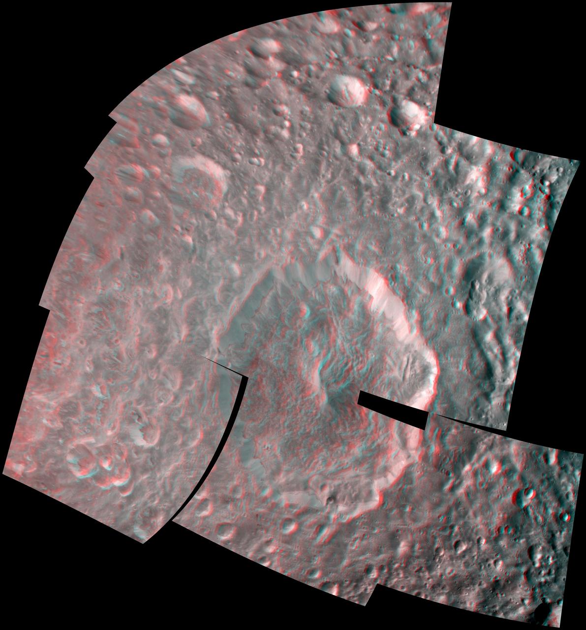 NASA Cassini spacecraft captured a three-dimensional view of the large Herschel Crater on Saturn moon Mimas during its closest-ever flyby of the moon. 3D glasses are needed to view this image.