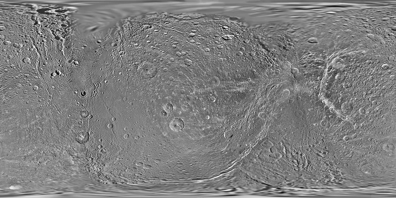This global map of Saturn moon Dione was created using images taken during flybys by NASA Cassini spacecraft. Images from NASA Voyager mission fill the gaps in Cassini coverage.