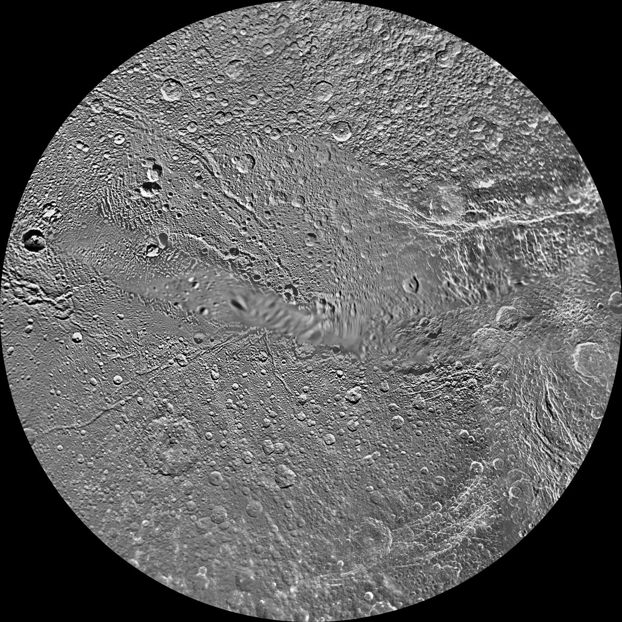 The northern hemisphere of Saturn moon Dione is seen in this polar stereographic maps, mosaicked from the best-available clear-filter images from NASA Cassini and Voyager missions.