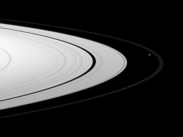 Saturn A ring appears bright compared to the thin F ring, which is shepherded by the moon Prometheus, in this view from NASA Cassini spacecraft.