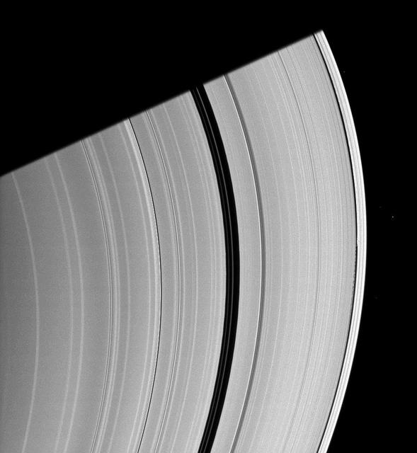 Saturn moon Daphnis, appearing as a tiny speck in the Keeler Gap of the A ring on the far right of this NASA Cassini spacecraft image, is almost lost among the moon attendant edge waves.