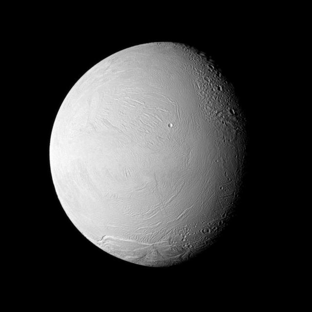 NASA Cassini spacecraft examines old and new terrain on Saturn fascinating Enceladus, a moon where jets of water ice particles and vapor spew from the south pole. Newly created terrain is at the bottom, in the center and on the left of this view.