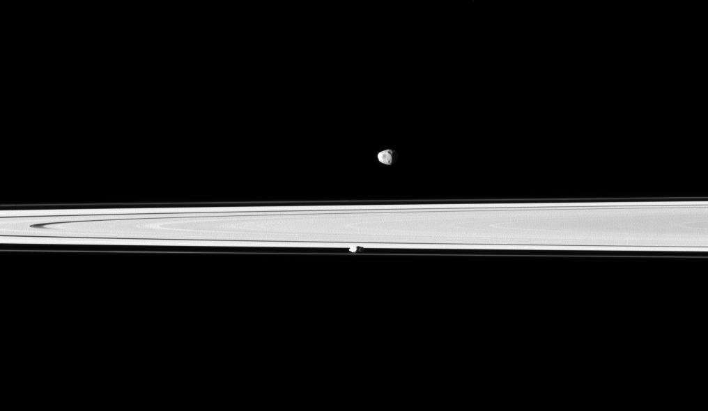 A pair of Saturn small, icy satellites accompany the planet rings in snapshot from NASA Cassini spacecraft. The rings are between Janus and Prometheus.