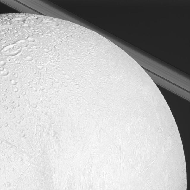 NASA Cassini spacecraft looks over cratered and tectonically deformed terrain on Saturn moon Enceladus as the camera also catches a glimpse of the planet rings in the background.