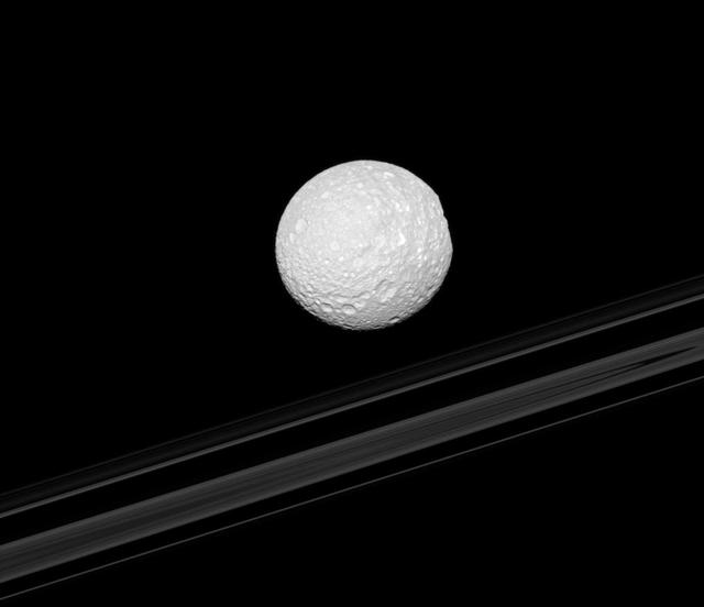 The right-hand limb of Saturn moon Mimas appears flattened as Herschel Crater is viewed edge-on in this image from NASA Cassini spacecraft. The planet rings are in the background.