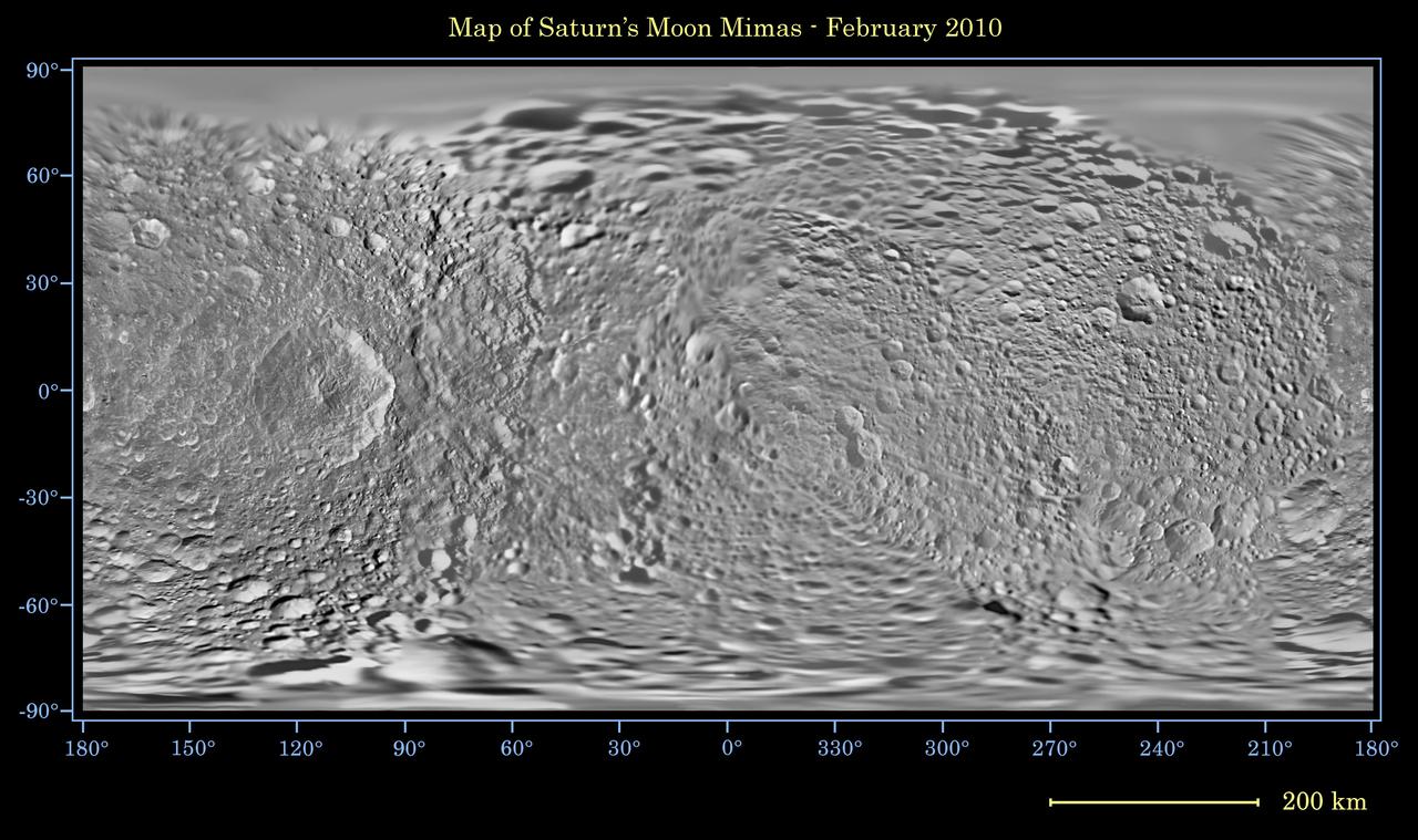 This global map of Saturn moon Mimas was created using images taken during NASA Cassini spacecraft flybys, with NASA Voyager images filling in the gaps in Cassini coverage.