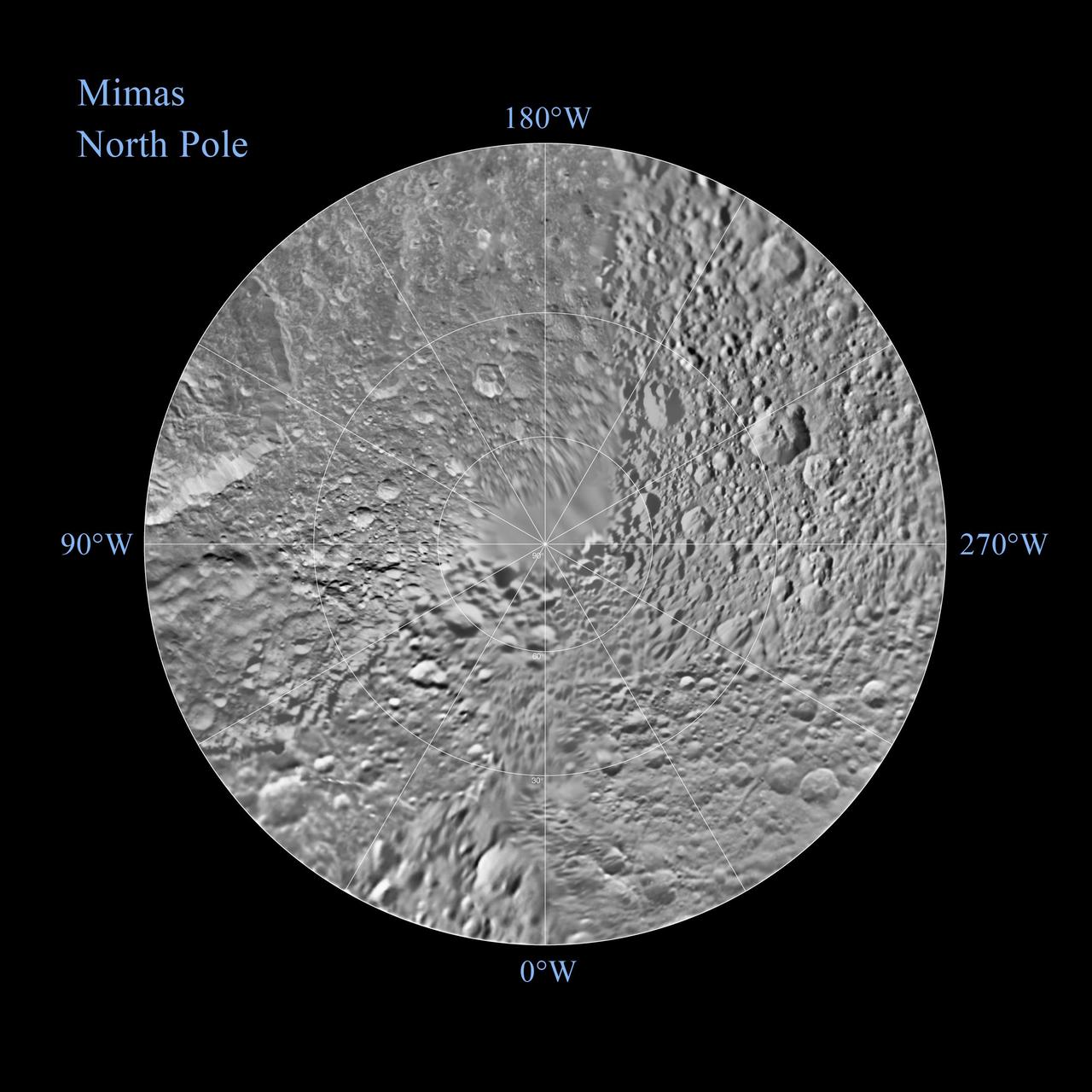 The northern hemisphere of Saturn moon Mimas is seen in these polar stereographic maps, mosaicked from the best-available NASA Cassini and Voyager images.