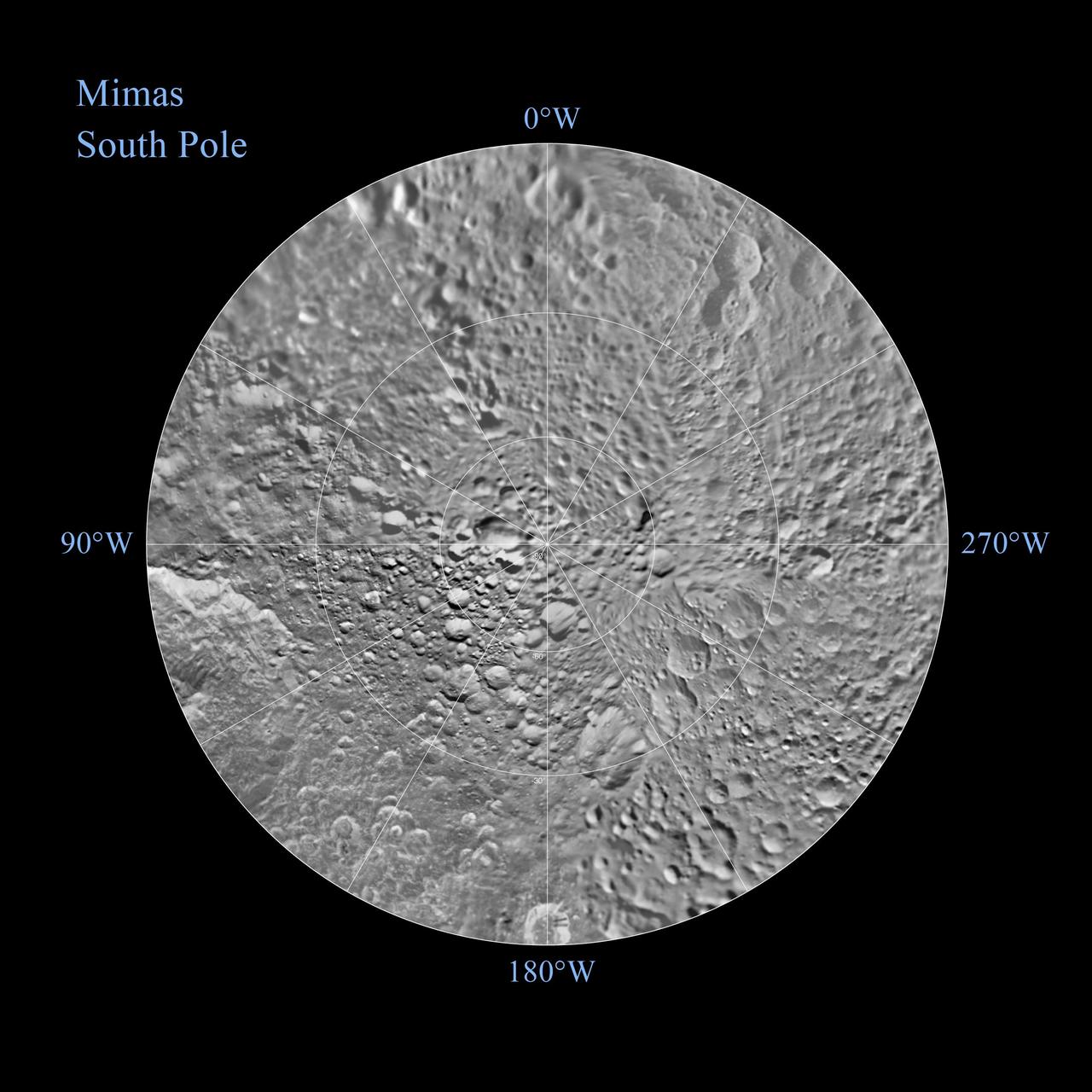 The southern hemisphere of Saturn moon Mimas is seen in these polar stereographic maps, mosaicked from the best-available NASA Cassini and Voyager images.