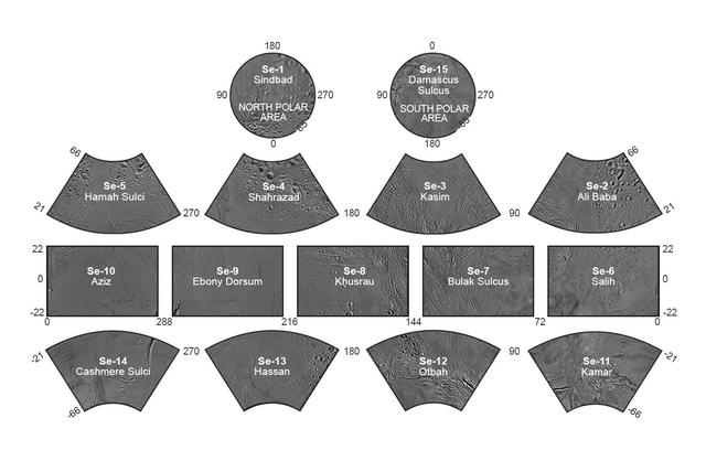 This map sheet covers a 15-series image set covering the entire surface of Enceladus. The map data was acquired by NASA Cassini imaging experiment. Individual images can be viewed via the Photojournal.