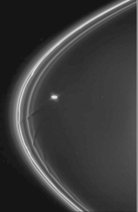 This image is from a simulation showing the changes to a portion of Saturn F ring as the shepherding moon Prometheus swings by it. The animation uses data obtained by the imaging cameras aboard NASA Cassini spacecraft.
