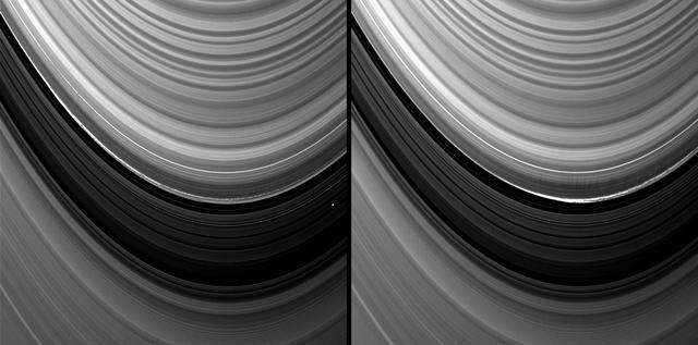 Vertical structures in the variable outer edge of Saturn B ring cast shadows in these two images captured by NASA Cassini spacecraft shortly after the planet August 2009 northern vernal equinox.