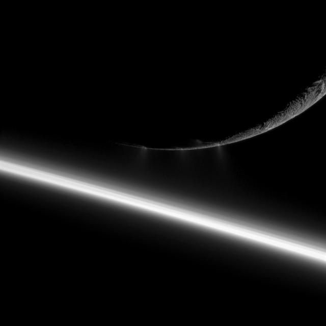 Small water ice particles fly from fissures in the south polar region of Saturn moon Enceladus in this image taken during the Aug. 13, 2010, flyby of the moon by NASA Cassini spacecraft.