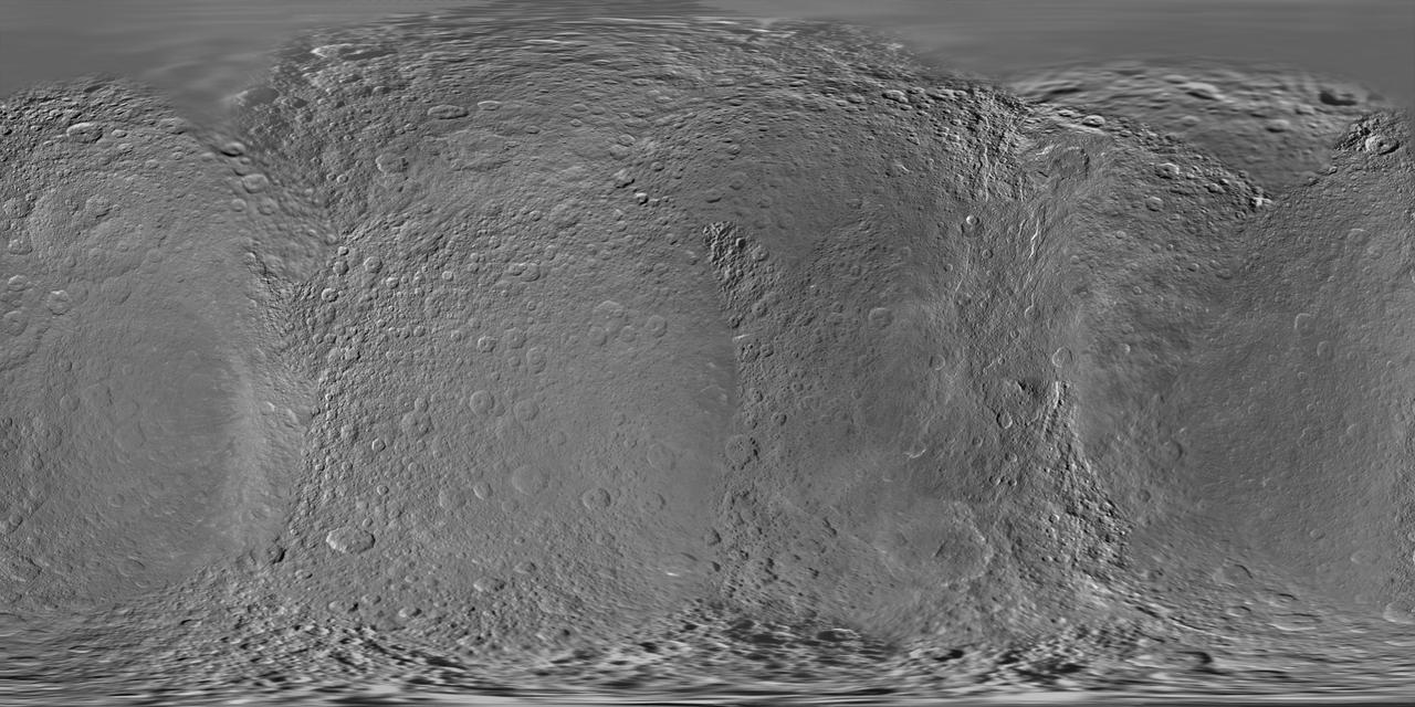 This global digital map of Saturn moon Rhea was created using data obtained by NASA Cassini and Voyager spacecraft.