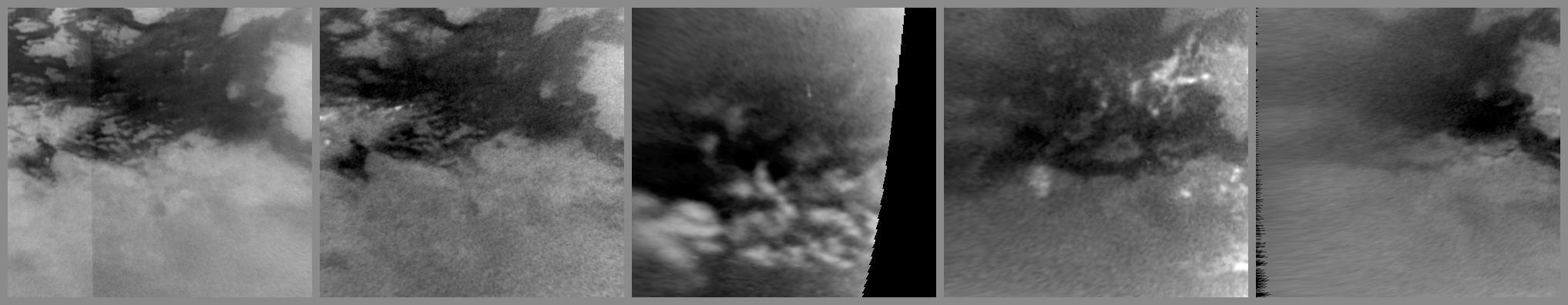 This series of images from NASA Cassini spacecraft shows changes on the surface of Saturn moon Titan, as the transition to northern spring brings methane rains to the moon equatorial latitudes.