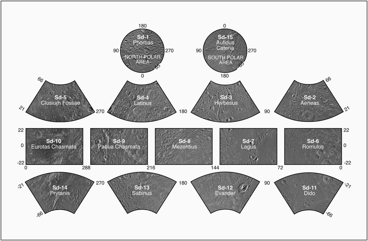 The latest version of a complete set of cartographic map sheets from a high-resolution Dione atlas was released today by the Cassini Imaging Team. Full photomosaic maps are available at the Photojournal.