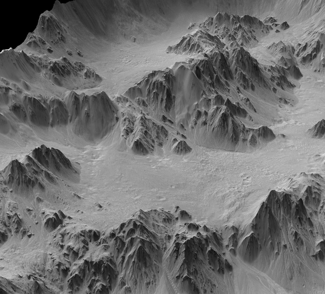 This is a synthesized, oblique view of a portion of the wall terraces of Mojave Crater in the Xanthe Terra region of Mars. It is a digital terrain model generated from a stereo pair of images from NASA Mars Reconnaissance Orbiter.