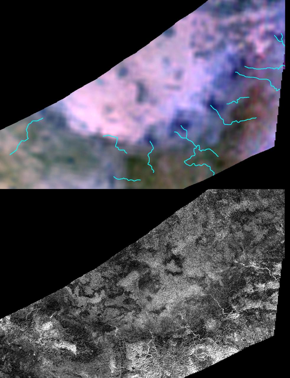 Two different instruments on NASA Cassini spacecraft combined their observations to create a more detailed portrait of the Hotei Regio area on Saturn moon Titan. Blue lines on top show the location of channels that stand out in the bottom of image.