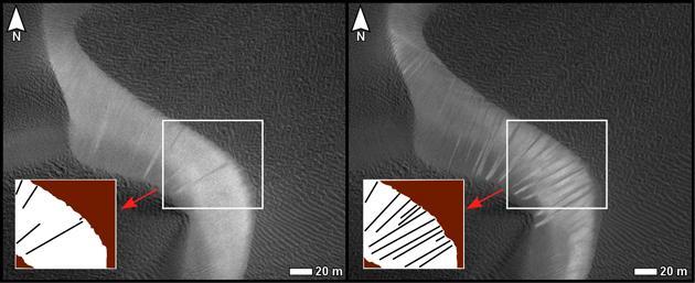 Before and after images from NASA Mars Reconnaissance Orbiter illustrate occurrence of new streaks on the slip face of a dark sand dune in the Nili Patera region of Mars.