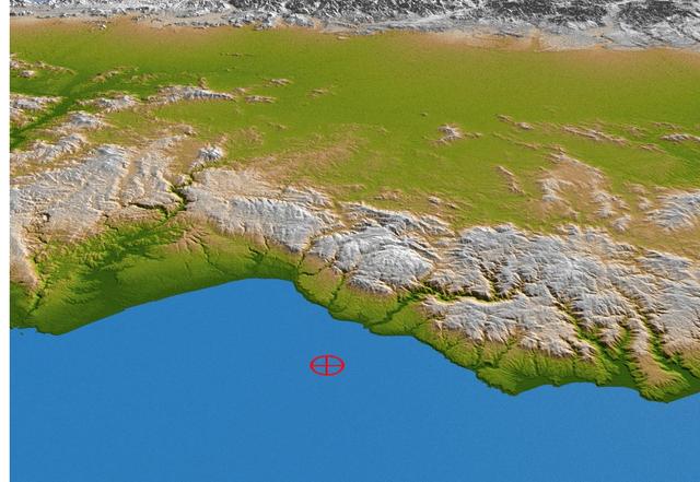This perspective view from NASA Shuttle Radar Topography Mission of coastal Chile indicates the epicenter red marker of the 8.8 earthquake on Feb. 27, 2010, just offshore of the Maule region in the Bahia de Chanco.