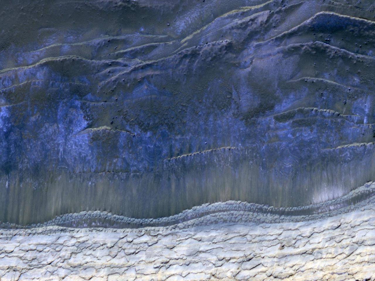 This image from NASA Mars Reconnaissance Orbiter shows the scarp that demarcates the boundary between layered deposits covering the north polar region and the lower surrounding terrain, which includes sand dunes. Original release date March 3, 2010.