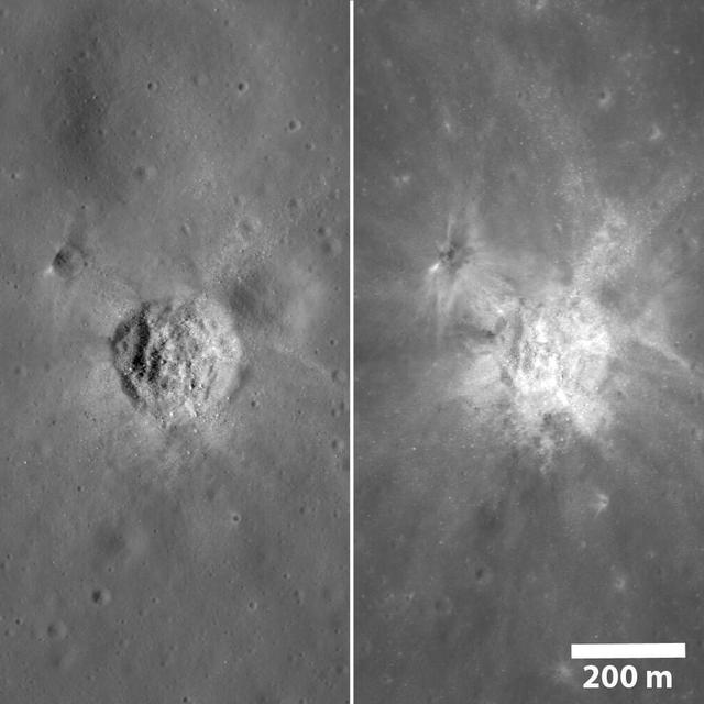 The same crater, as seen by NASA Lunar Reconnaissance Orbiter, under very different lighting. On the left the Sun was midway to the horizon and on the right the Sun was high, approaching noon.