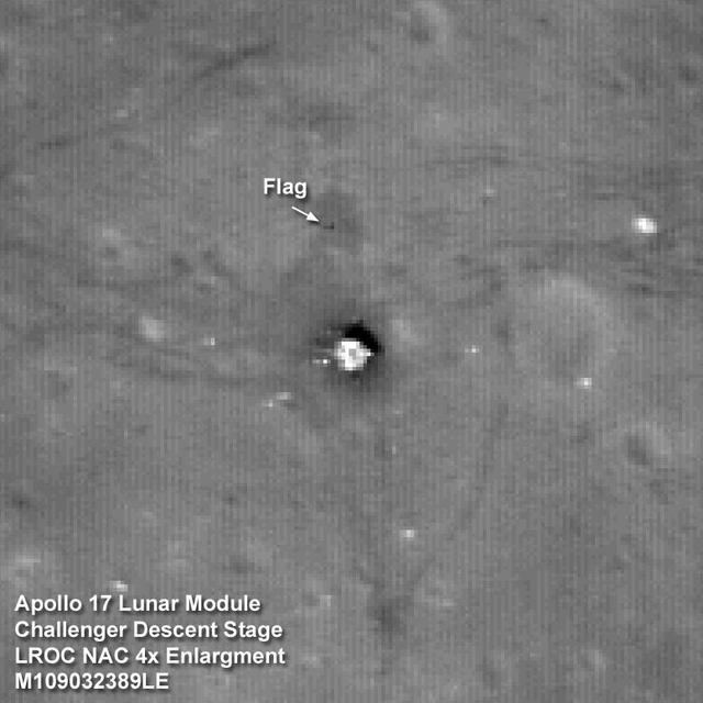 The Apollo 17 Lunar Module Challenger descent stage comes into focus in this image taken by NASA Lunar Reconnaissance Orbiter.
