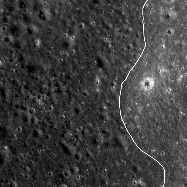 NASA Lunar Reconnaissance Orbiter spied a very subtle mare-highlands boundary in Mare Moscoviense on the lunar farside, near the center of the Constellation Program region of interest.