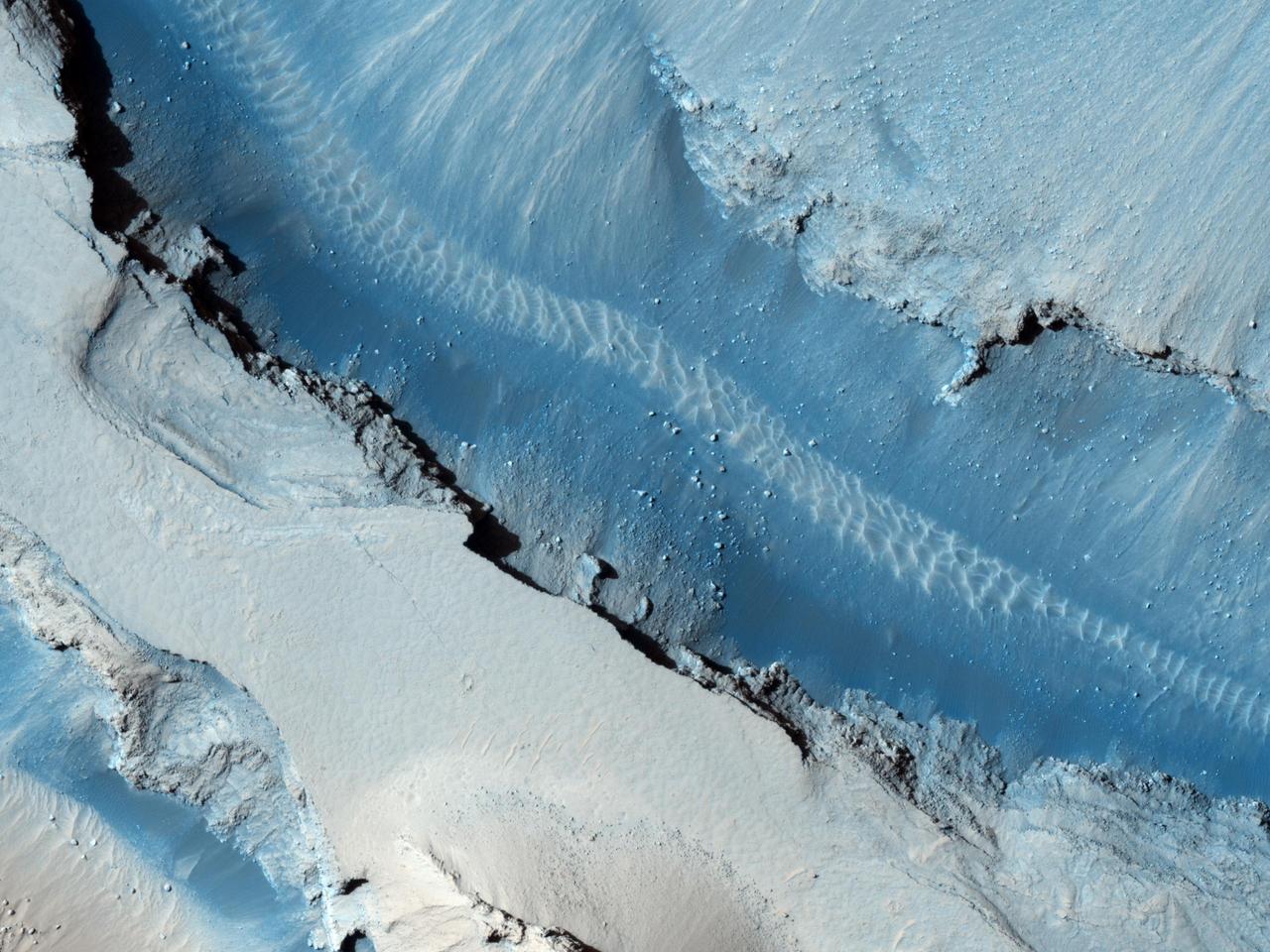This image taken by NASA Mars Reconnaissance Orbiter shows part of Cerberus Fossae, a long system of extensional normal faults arranged in trough-bounding graben-bounding pairs.