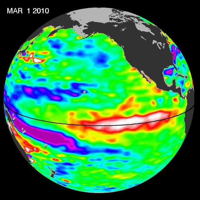 Recent sea-level height data from NASA Jason-2 oceanography satellite show a weakening of trade winds in western and central equatorial Pacific during late-January through February has triggered yet another strong, eastward-moving Kelvin wave.