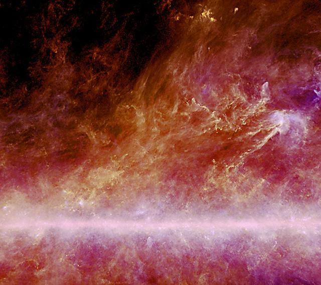 This three-color combination constructed from ESA Planck two highest frequency channels and an image obtained with the NASA Infrared Astronomical Satellite shows local dust structures within 500 light-years of the sun.