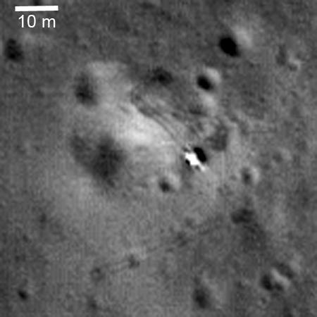 Luna 21 lander delivered the Lunokhod 2 rover to the floor of Le Monnier crater in January 1973. This image taken by NASA Lunar Reconnaissance Orbiter also shows the rover tracks.