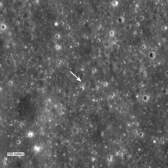 Surveyor 5 sitting in a 10-meter diameter crater. Surveyor 5 landed on Mare Tranquillitatis in September of 1967. This image was taken by NASA Lunar Reconnaissance Orbiter.
