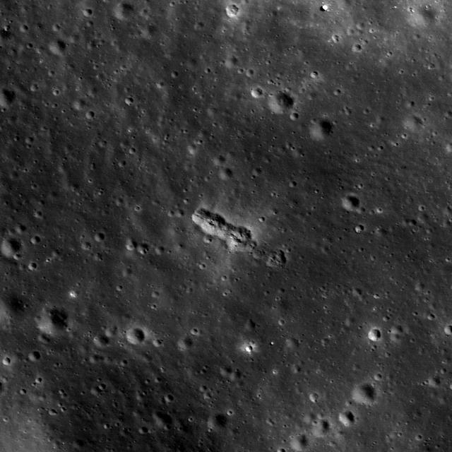 This image taken by NASA Lunar Reconnaissance Orbiter shows a small secondary crater chain near the southwestern margin of Mare Orientale, within the Inner Rook Mountains. The ~125-meter-long chain lies within the Orientale multi-ring basin.