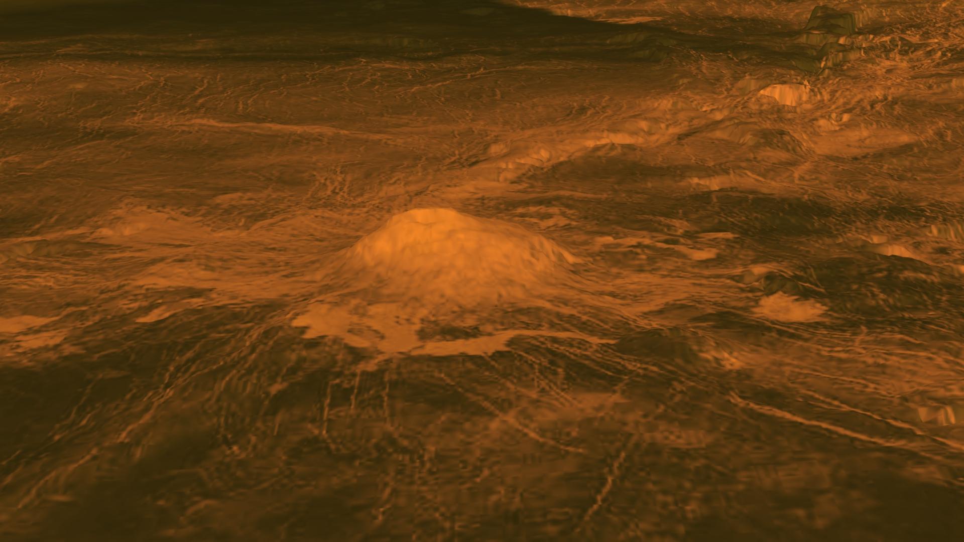 This figure shows the volcanic peak Idunn Mons in the Imdr Regio area of Venus. The topographic backbone brown color was derived from data obtained by NASA Magellan spacecraft and the overlay was derived from data from ESA Venus Express Spacecraft.