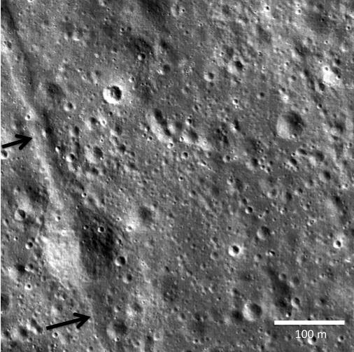 Two small black arrows on today image taken by NASA Lunar Reconnaissance Orbiter show the location of a small graben 28 meters in width in a pyroclastic mantling deposit in the SW portion of Mare Humorum.